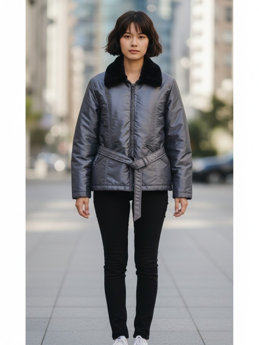 Jacqueline Ferrar Metallic Gray Belted Puffer Jacket with Black Faux Fur Collar